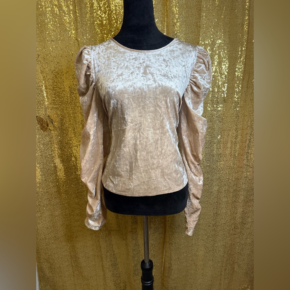 Marc New York Andrew Marc velvet blouse in a Champagne color with puffed sleeves